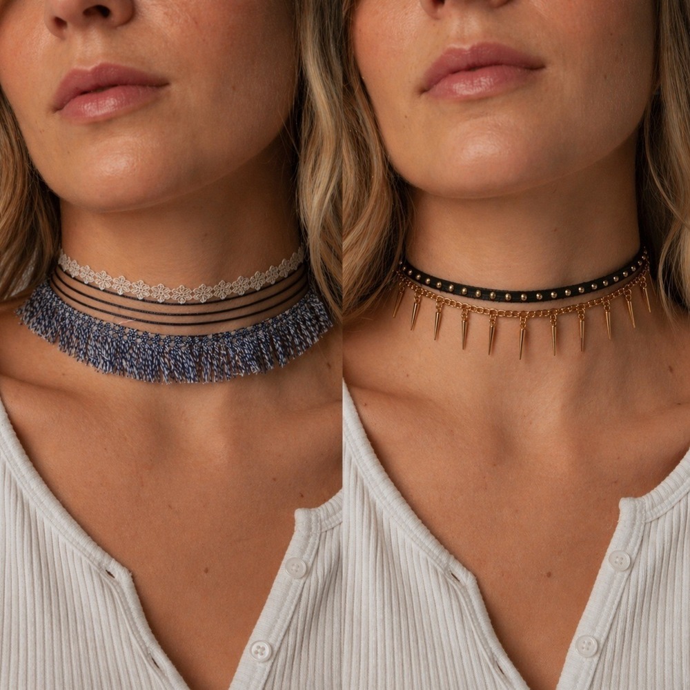 Mia Collection & Carisma Choker Set Boho Fringe Lace Spike Studded Gold Blue New